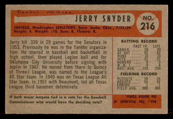 1954 Bowman Baseball #216 Jerry Snyder Senators EX 557533