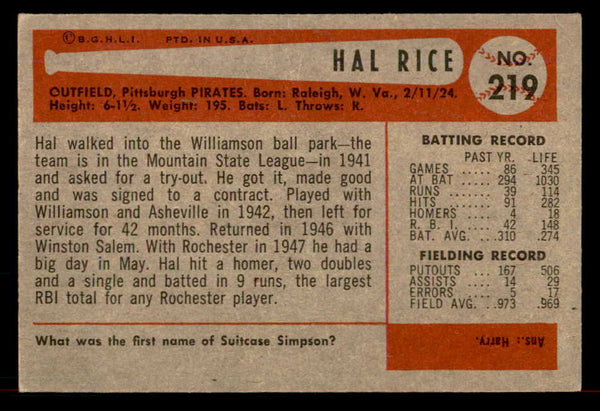 1954 Bowman Baseball #219 Hal Rice Pirates EX 557536