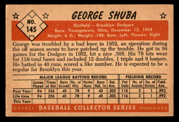 1953 Bowman Color Baseball #145 George Shuba Dodgers VG-EX 557544