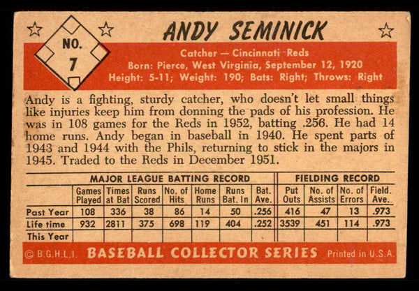 1953 Bowman Black & White Baseball #007 Andy Seminick Reds EX 557559
