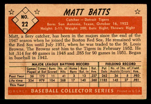 1953 Bowman Black & White Baseball #022 Matt Batts Tigers EX+/EX-MT 557561