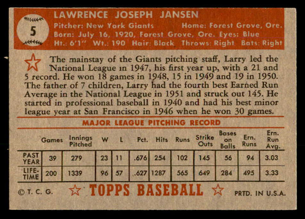 1952 Topps Baseball #005 Larry Jansen Giants EX Red 557565