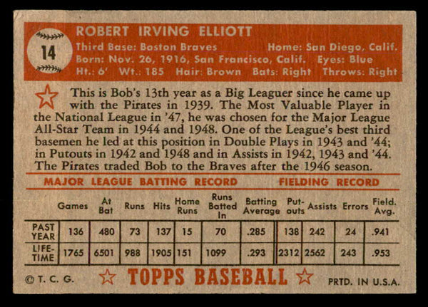 1952 Topps Baseball #014 Bob Elliott Braves EX Red 557568