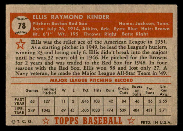 1952 Topps Baseball #078 Ellis Kinder Red Sox EX Red 557571