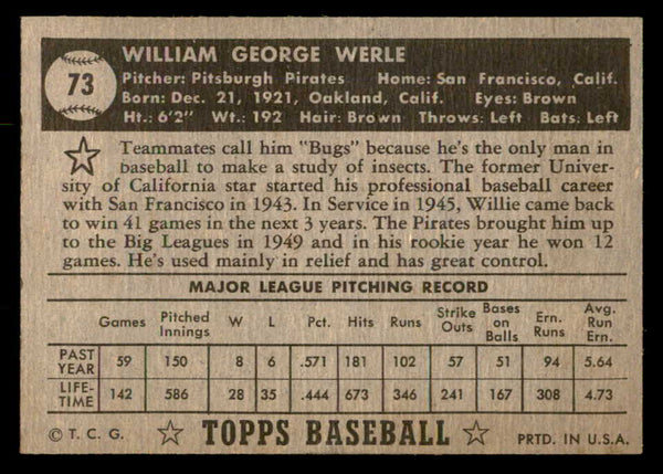 1952 Topps Baseball #073 Bill Werle Pirates EX Black 557572