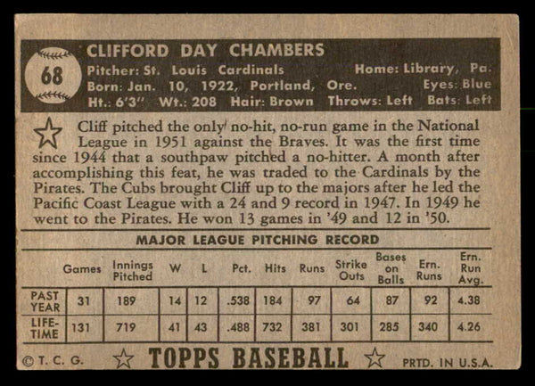 1952 Topps Baseball #068 Cliff Chambers Cardinals EX Black 557573