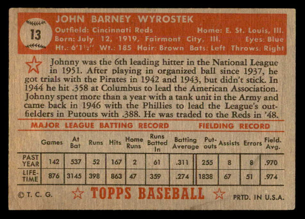1952 Topps Baseball #013 Johnny Wyrostek Reds VG-EX Red 557575