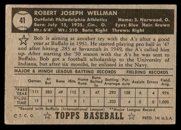 1952 Topps Baseball #041 Bob Wellman A's VG-EX Black 557577