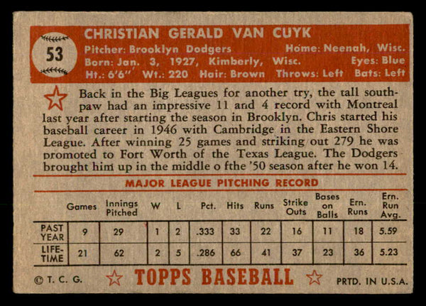 1952 Topps Baseball #053 Chris Van Cuyk Dodgers VG-EX Red 557581