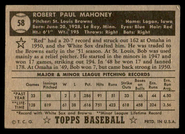 1952 Topps Baseball #058 Bob Mahoney Browns VG-EX Black 557583