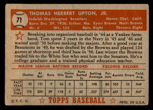1952 Topps Baseball #071 Tom Upton Senators VG-EX Red 557585