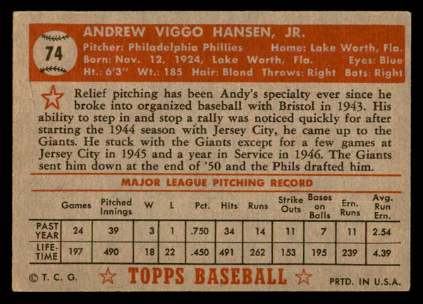 1952 Topps Baseball #074 Andy Hansen Phillies VG-EX Red 557586