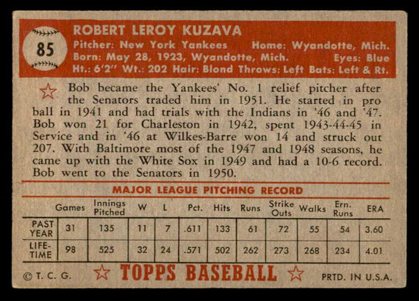 1952 Topps Baseball #085 Bob Kuzava Yankees VG-EX 557590