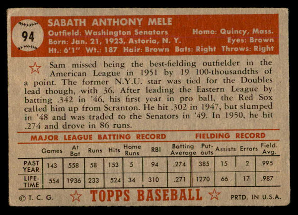 1952 Topps Baseball #094 Sam Mele Senators VG-EX 557592