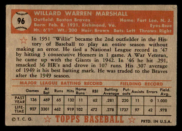 1952 Topps Baseball #096 Willard Marshall Braves VG-EX 557593