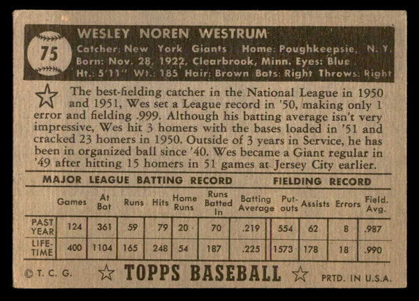 1952 Topps Baseball #075 Wes Westrum Giants VG Black 557594