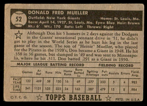 1952 Topps Baseball #052 Don Mueller Giants VG Black 557596