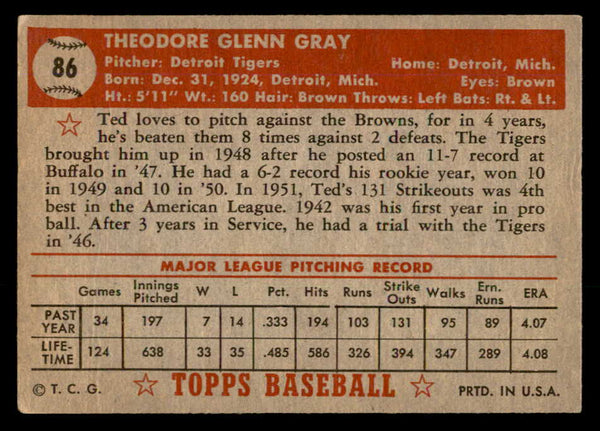 1952 Topps Baseball #086 Ted Gray Tigers VG-EX 557597