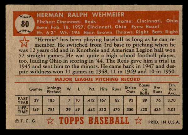 1952 Topps Baseball #080 Herman Wehmeier Reds VG-EX Red 557598
