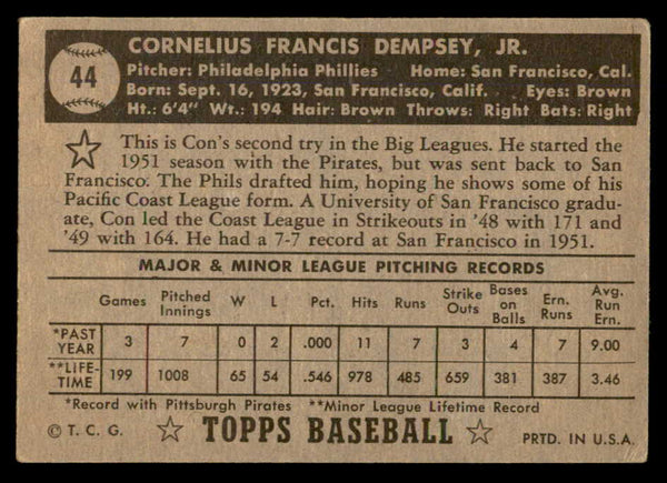 1952 Topps Baseball #044 Con Dempsey Phillies VG Black 557606