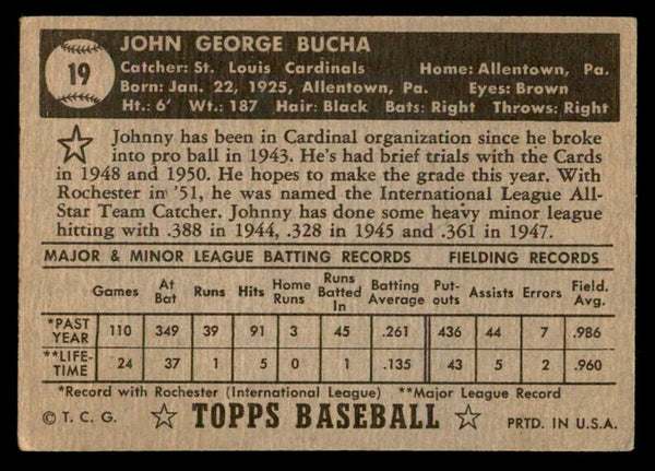 1952 Topps Baseball #019 Johnny Bucha Cardinals VG Black 557608