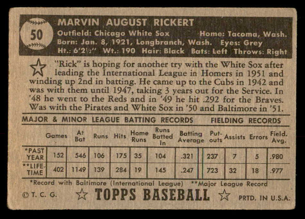 1952 Topps Baseball #050 Marv Rickert White Sox VG Black 557610