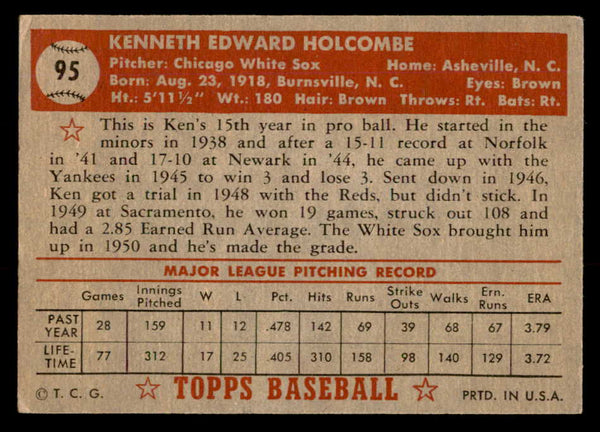 1952 Topps Baseball #095 Ken Holcombe White Sox EX-MT 557611