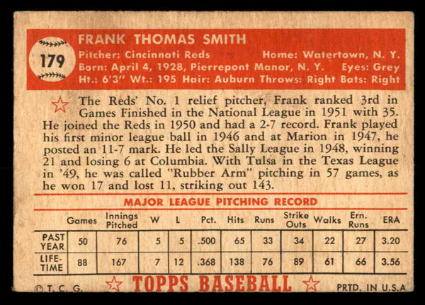 1952 Topps Baseball #179 Frank Smith Reds VG 557616