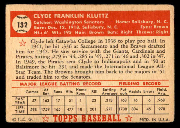 1952 Topps Baseball #132 Clyde Kluttz Senators VG 557617