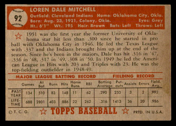 1952 Topps Baseball #092 Dale Mitchell Indians EX 557620