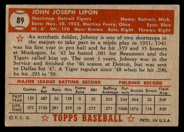 1952 Topps Baseball #089 Johnny Lipon Tigers EX 557621
