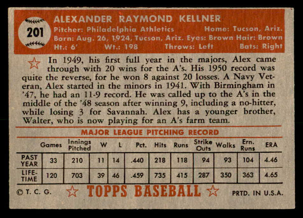 1952 Topps Baseball #201 Alex Kellner A's EX 557623