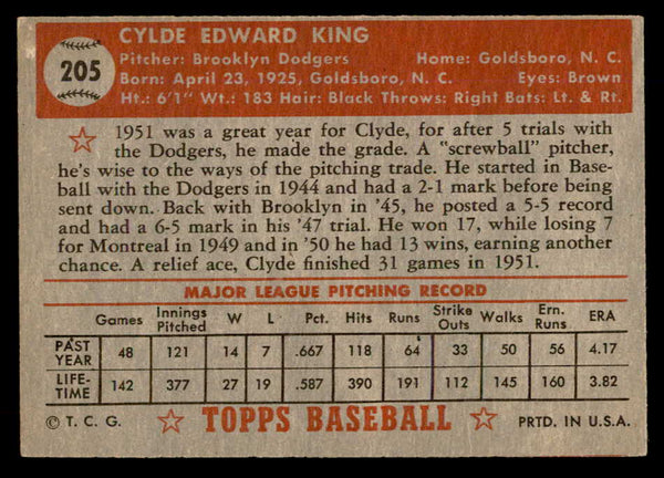 1952 Topps Baseball #205 Clyde King Dodgers EX 557624