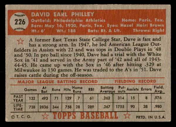 1952 Topps Baseball #226 Dave Philley A's EX 557626