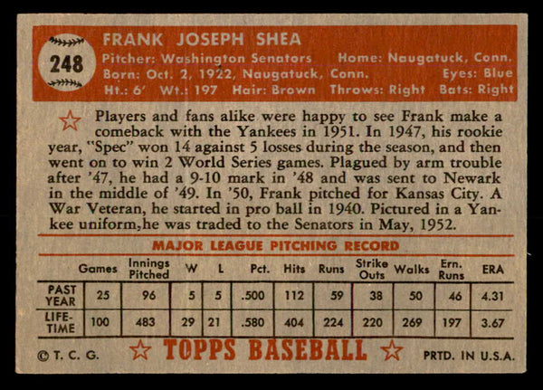 1952 Topps Baseball #248 Frank Shea Senators EX 557627
