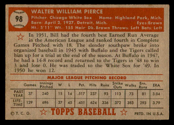 1952 Topps Baseball #098 Billy Pierce White Sox EX 557629