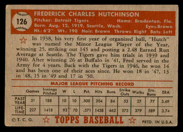 1952 Topps Baseball #126 Fred Hutchinson Tigers EX 557630