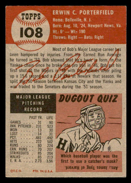 1953 Topps Baseball #108 Bob Porterfield Senators EX-MT 557636
