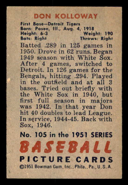 1951 Bowman Baseball #105 Don Kolloway Tigers EX-MT 557639