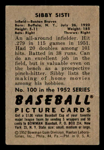 1952 Bowman Baseball #100 Sibby Sisti Braves VG-EX 557640