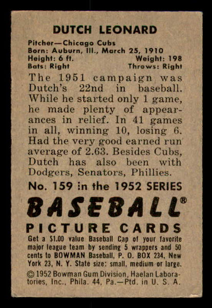 1952 Bowman Baseball #159 Dutch Leonard Cubs VG-EX 557641