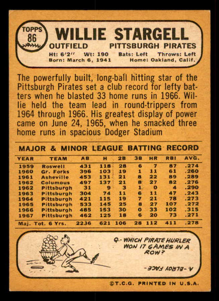 1968 Topps Baseball #086 Willie Stargell Pirates EX-MT 557645
