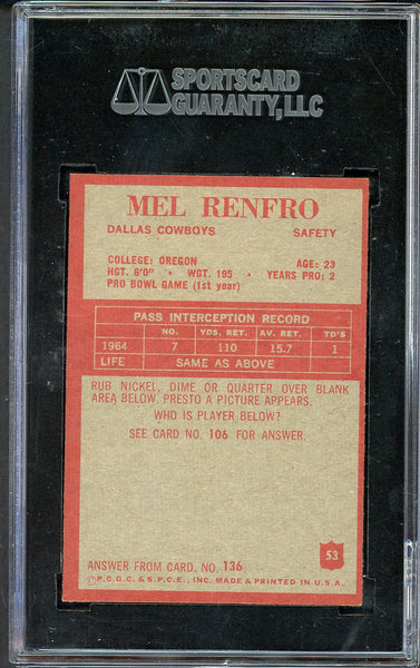 1965 Philadelphia # 53 Mel Renfro Cowboys SGC 7 NM 557783