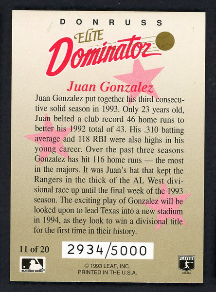 1993 Donruss Elite Dominator #011 Juan Gonzalez Rangers 557816