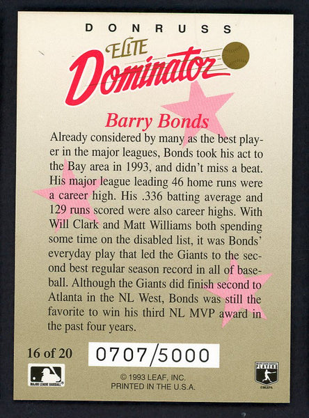 1993 Donruss Elite Dominator #016 Barry Bonds Giants 557819