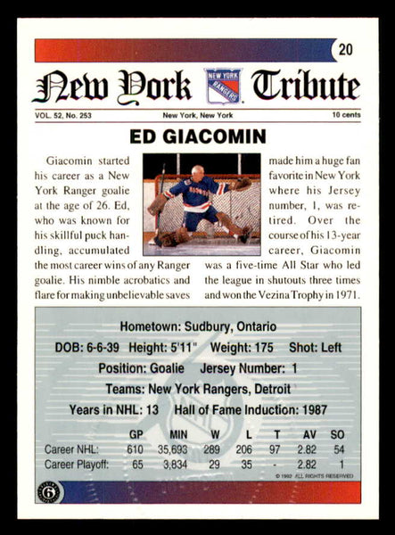 1992 Ultimate #020 Ed Giacomin Rangers Signed Autographed 558042