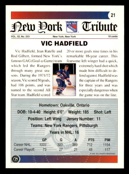 1992 Ultimate #021 Vic Hadfield Rangers Signed Autographed 558043