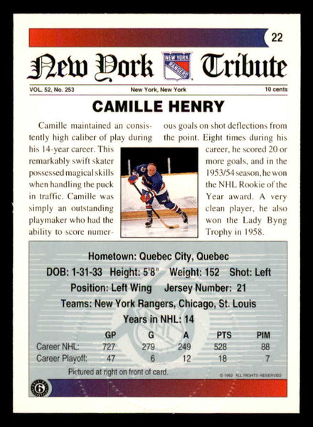1992 Ultimate #022 Camille Henry Rangers Signed Autographed 558044