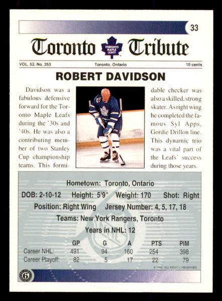 1992 Ultimate #033 Bob Davidson Maple Leafs Signed Autographed 558053