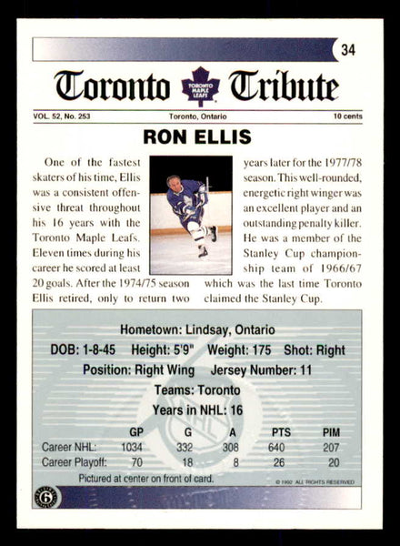 1992 Ultimate #034 Ron Ellis Maple Leafs Signed Autographed 558054